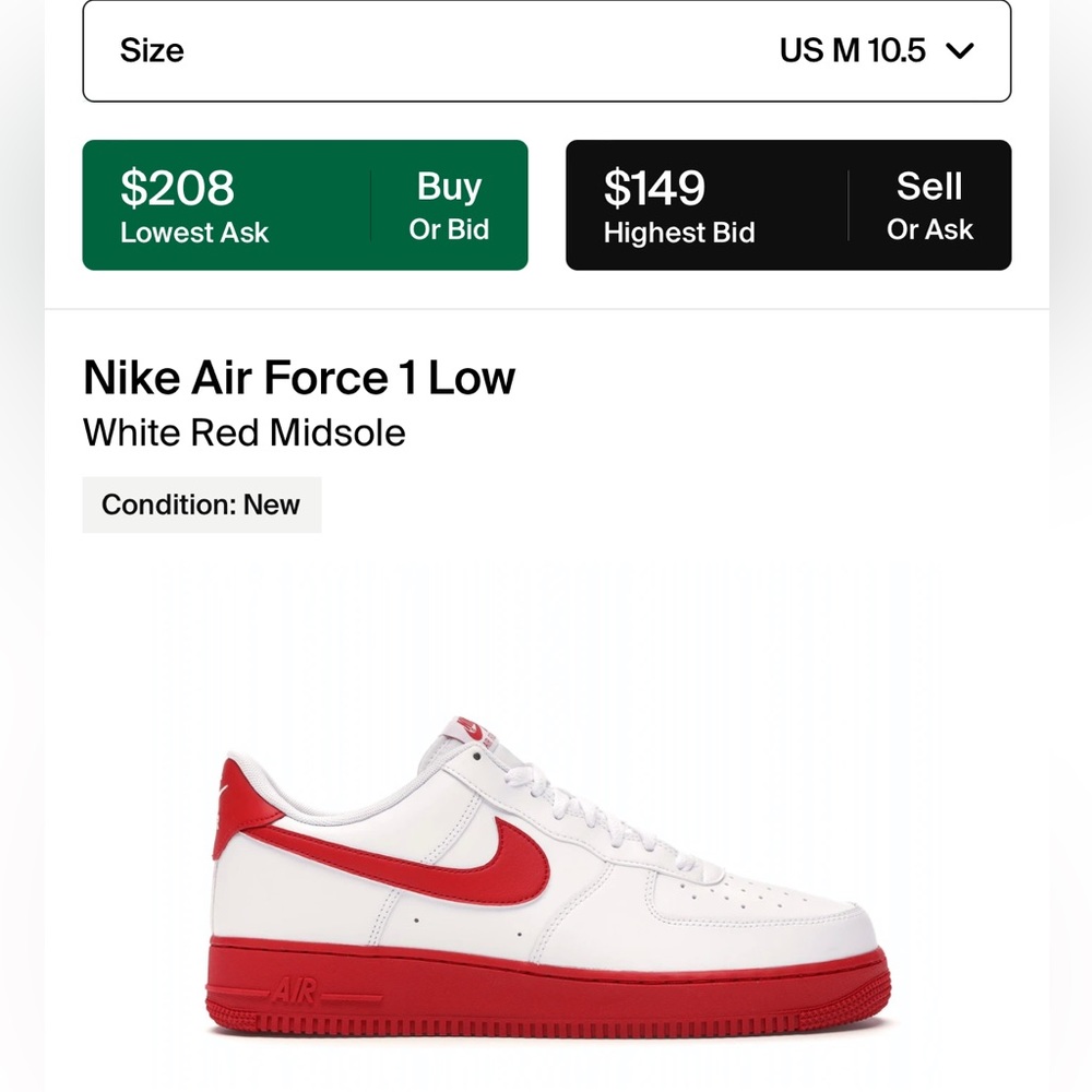 White Nike Air Force 1’s, with red sole.